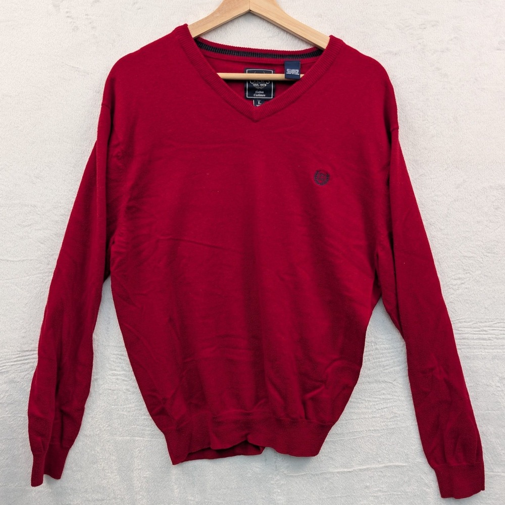 VTG Chaps Sweater Men's Large Red Cotton Cashmere V-Neck Embroidered Preppy 90s